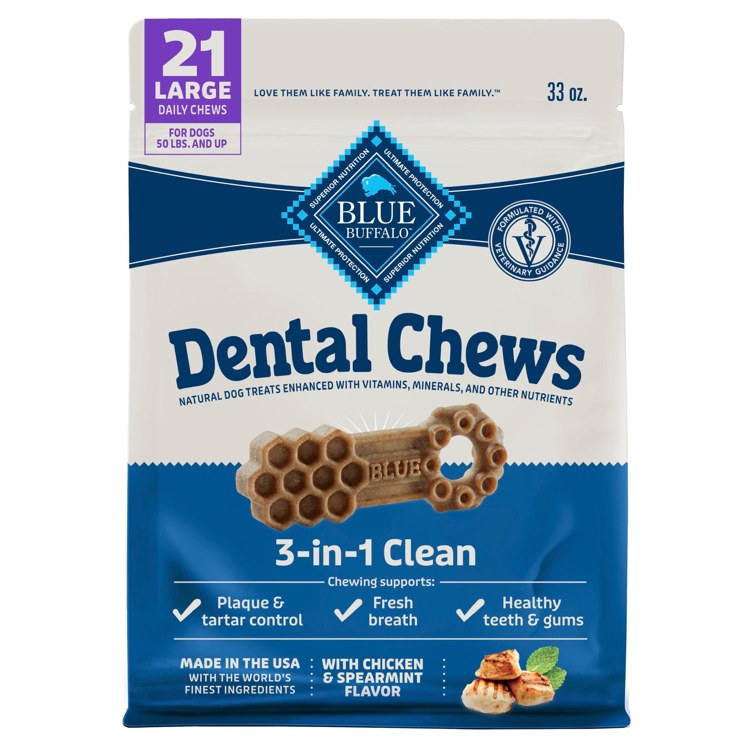 Blue Buffalo Dental Chews Large bag front view showcasing packaging and oral care benefits