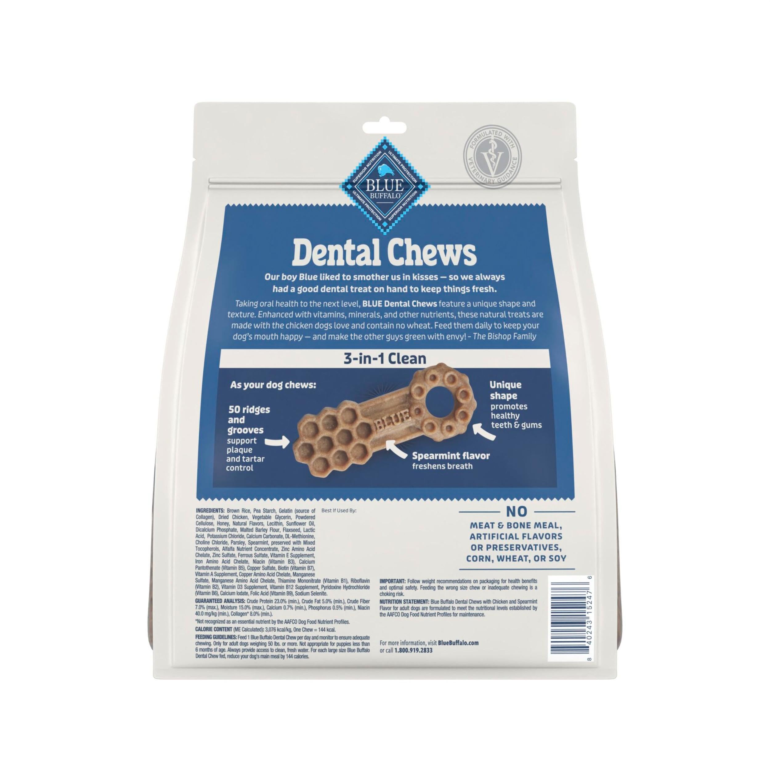 Blue Buffalo Dental Chews Large bag side view highlighting natural ingredients