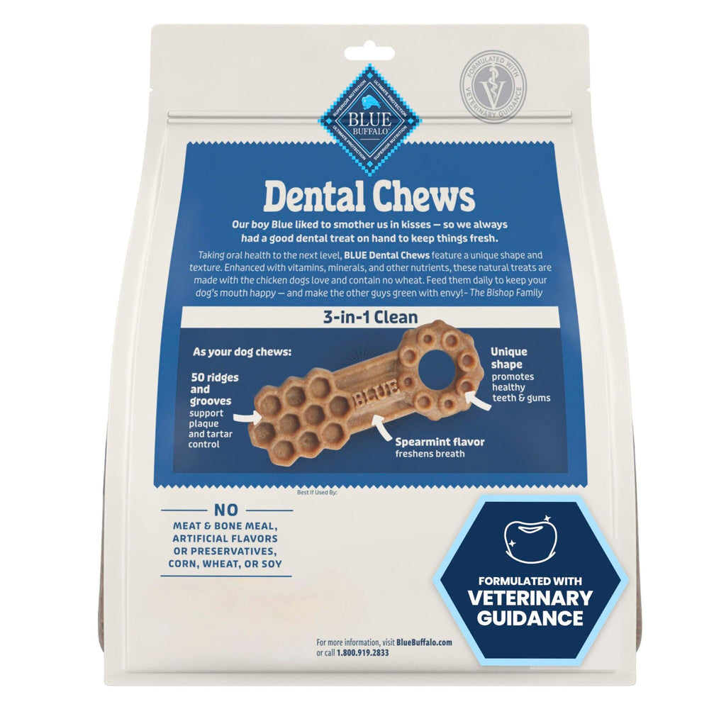 Blue Buffalo Dental Chews ingredients panel highlights natural components for a healthier snack.