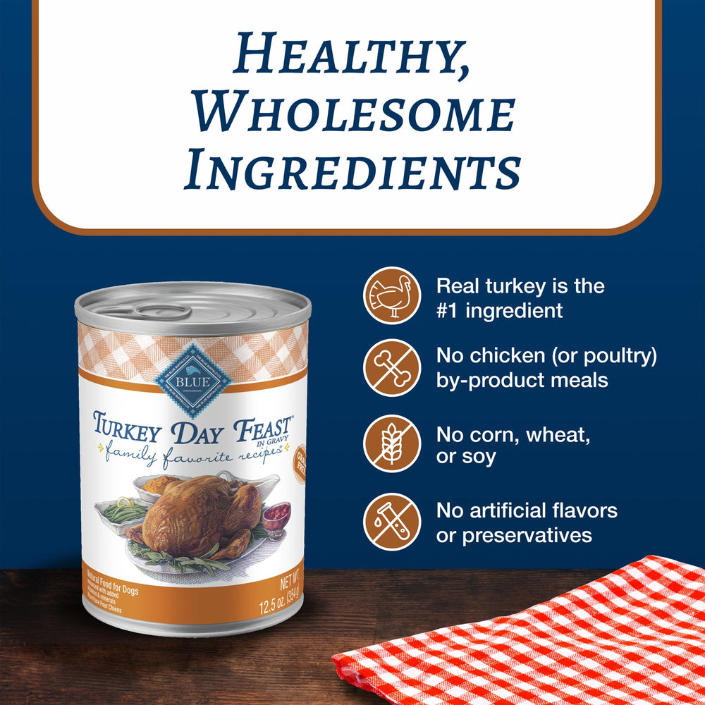 Blue Buffalo Family Favorites Turkey Day Feast can closeup notes no poultry by-product meals.