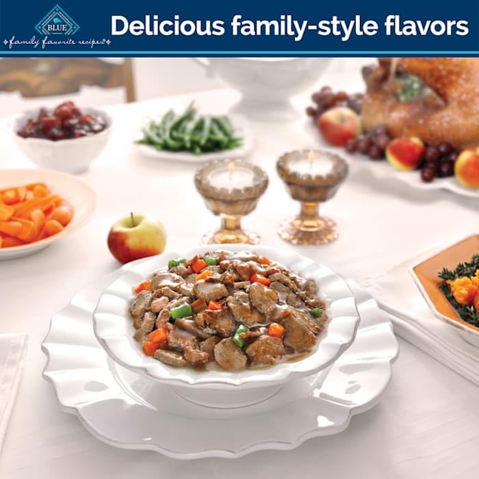 Blue Buffalo Family Favorites Turkey Day Feast gravy bowl highlights real turkey and vegetables.
