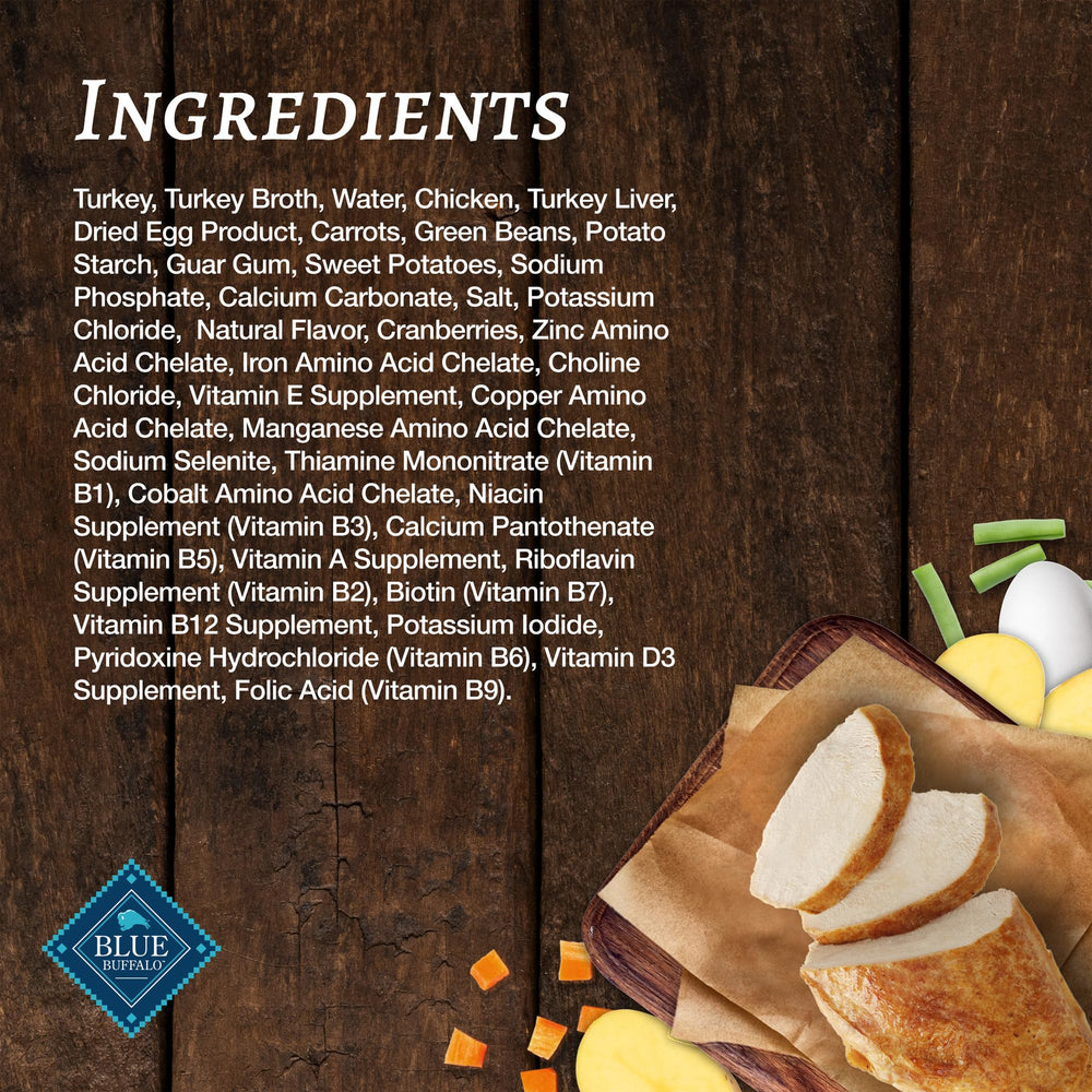 Blue Buffalo Family Favorites Turkey Day Feast pour image suggests savory gravy for meals.