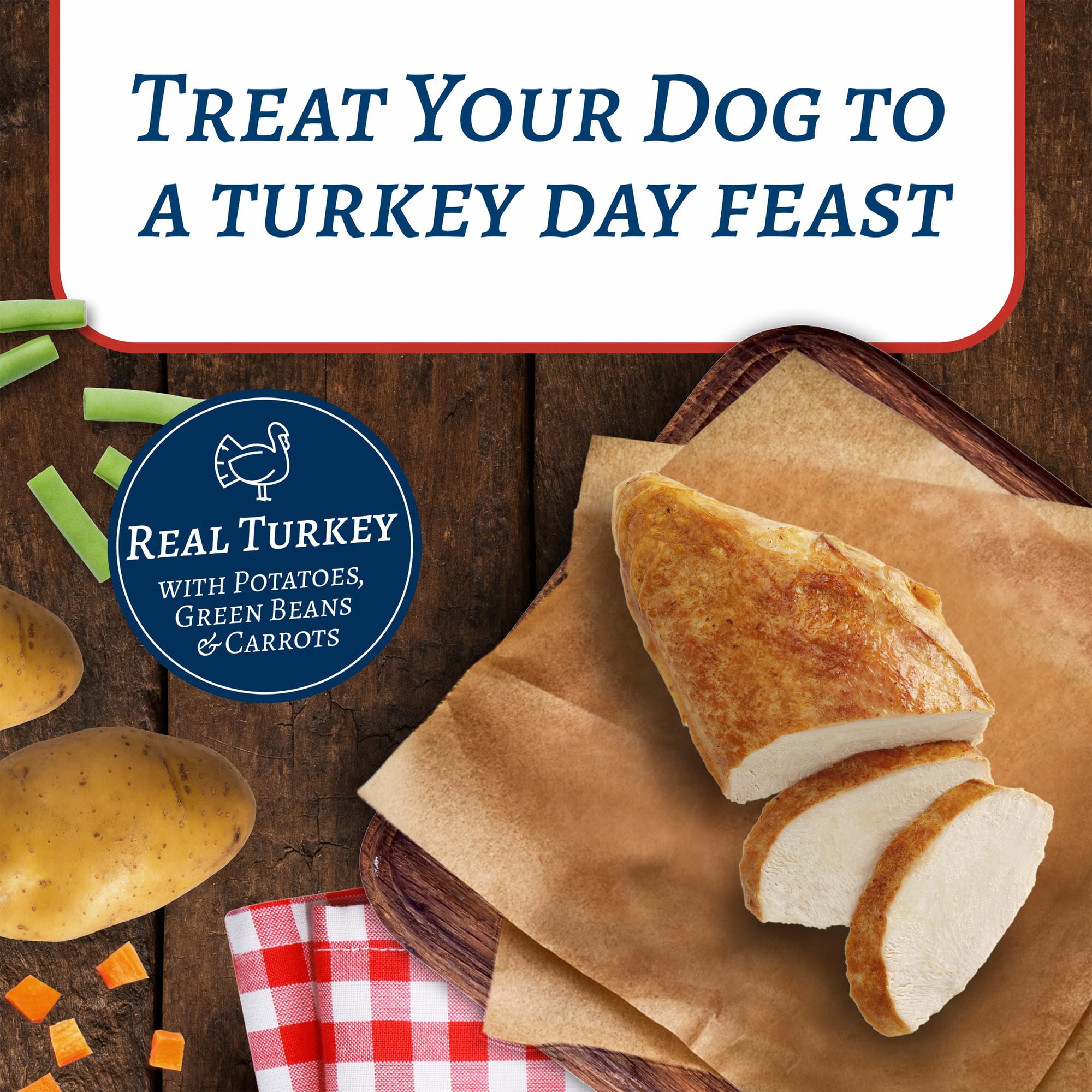 Blue Buffalo Family Favorites Turkey Day Feast serving suggestion mixes with dry food for texture.