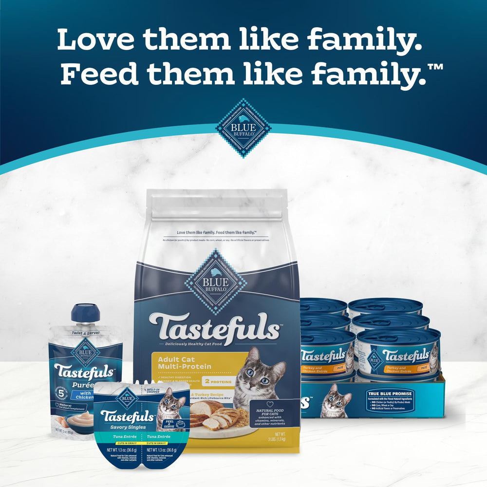 Blue Buffalo Tastefuls feeding scene shows a content adult cat