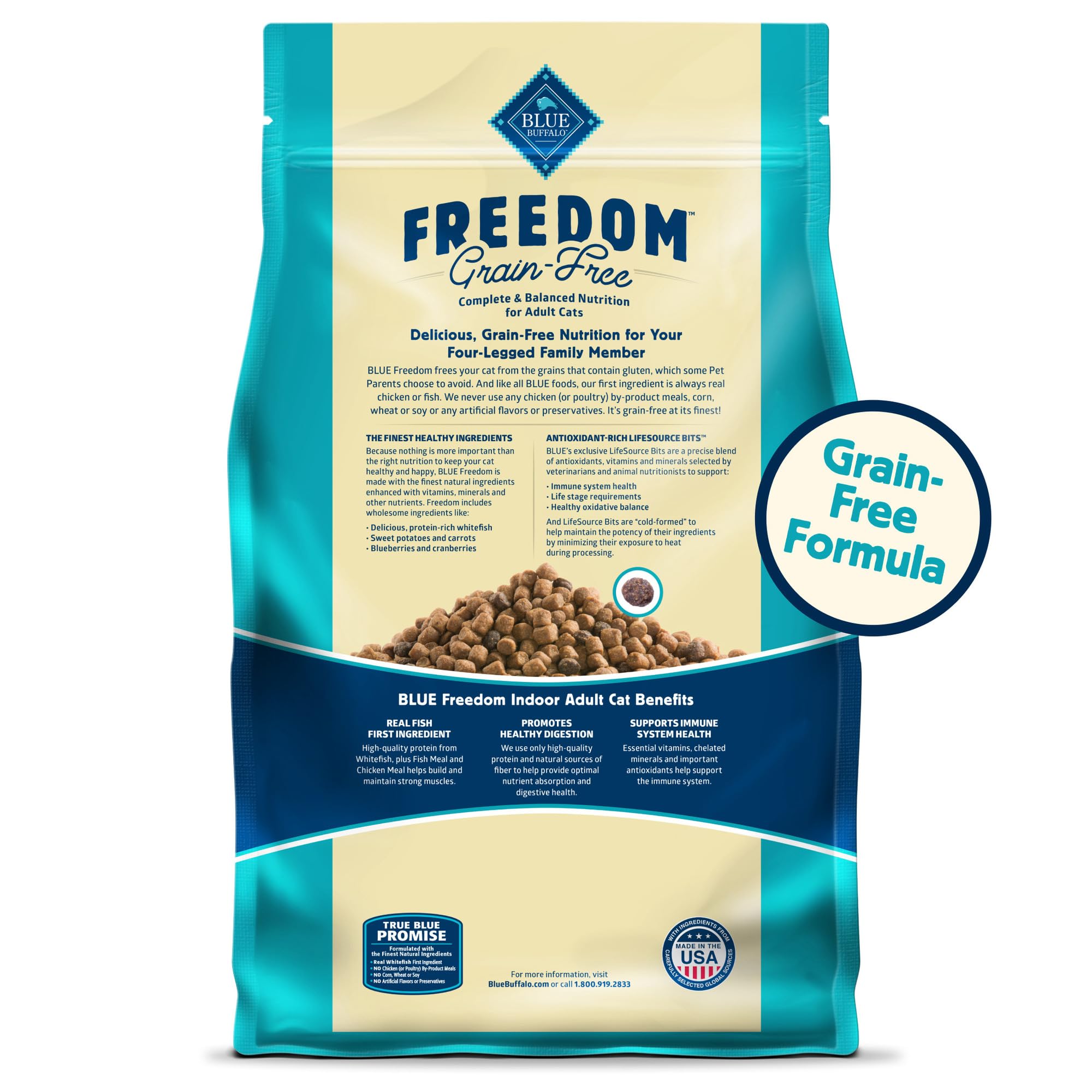 Blue Buffalo Freedom 11-lb bag offers convenient grain-free nutrition for indoor cats.