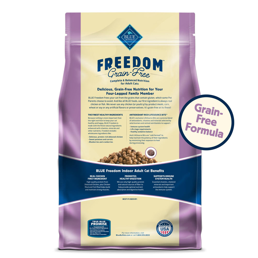 Blue Buffalo Freedom grain-free chicken-first formula for adult indoor cats.