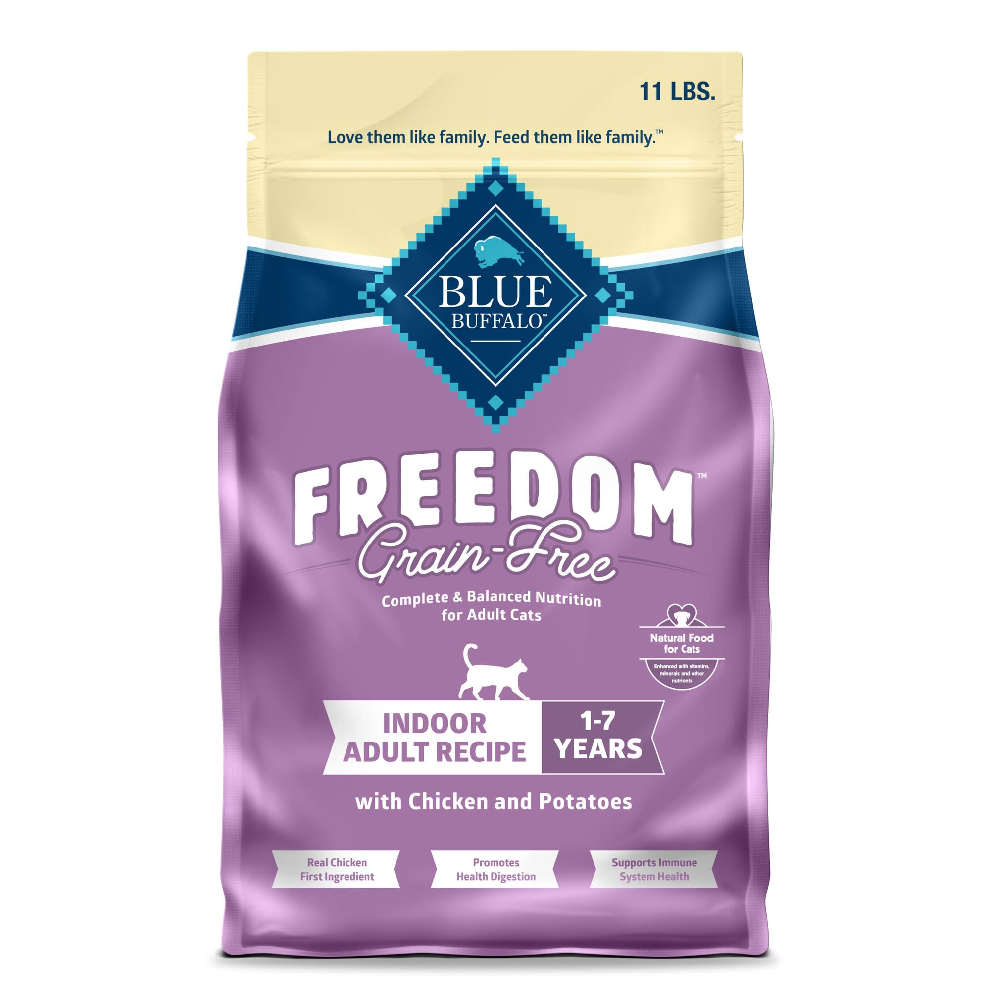 Blue Buffalo Freedom chicken-first ingredient kibble for indoor cats.