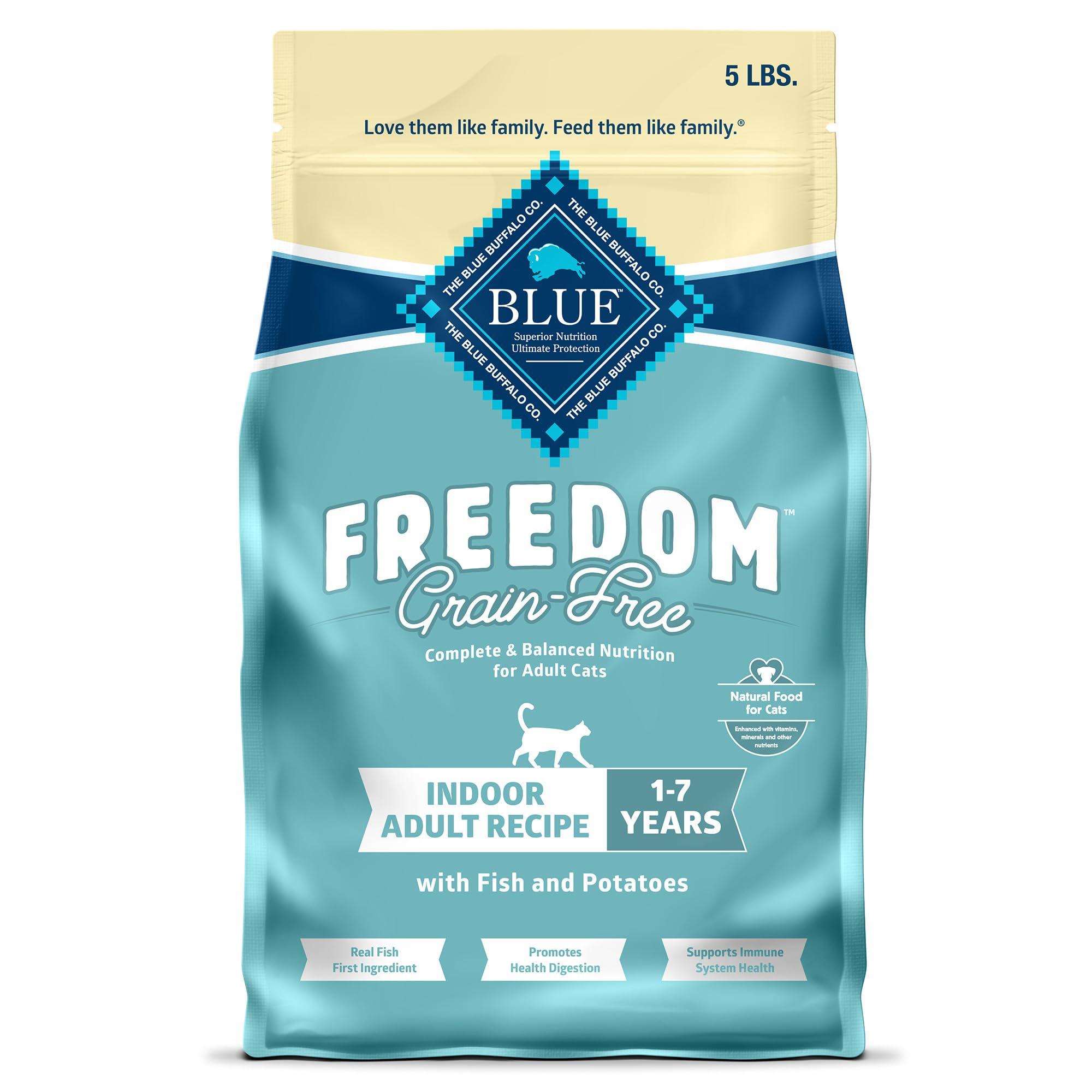 Blue Buffalo Freedom grain-free indoor cat food with deboned whitefish first ingredient.