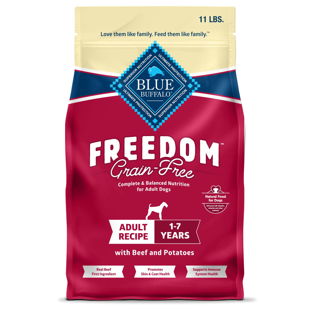 Blue Buffalo Freedom Grain-Free beef dog food bag highlighting beef as first ingredient.