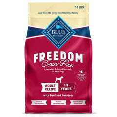 Blue Buffalo Freedom Grain-Free beef dog food bag highlighting beef as first ingredient.