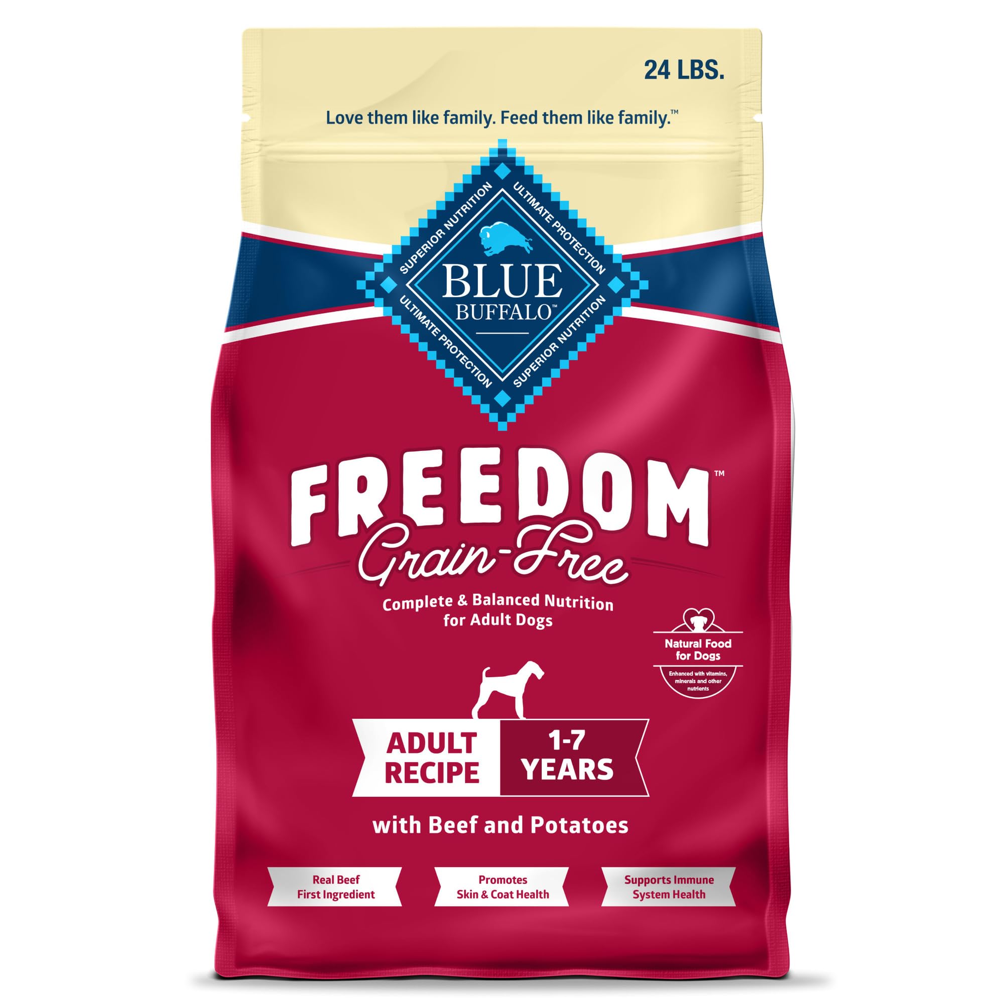 Blue Buffalo Freedom grain-free dog food bag in 24-lb size for adults.