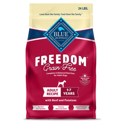 Blue Buffalo Freedom grain-free dog food bag in 24-lb size for adults.