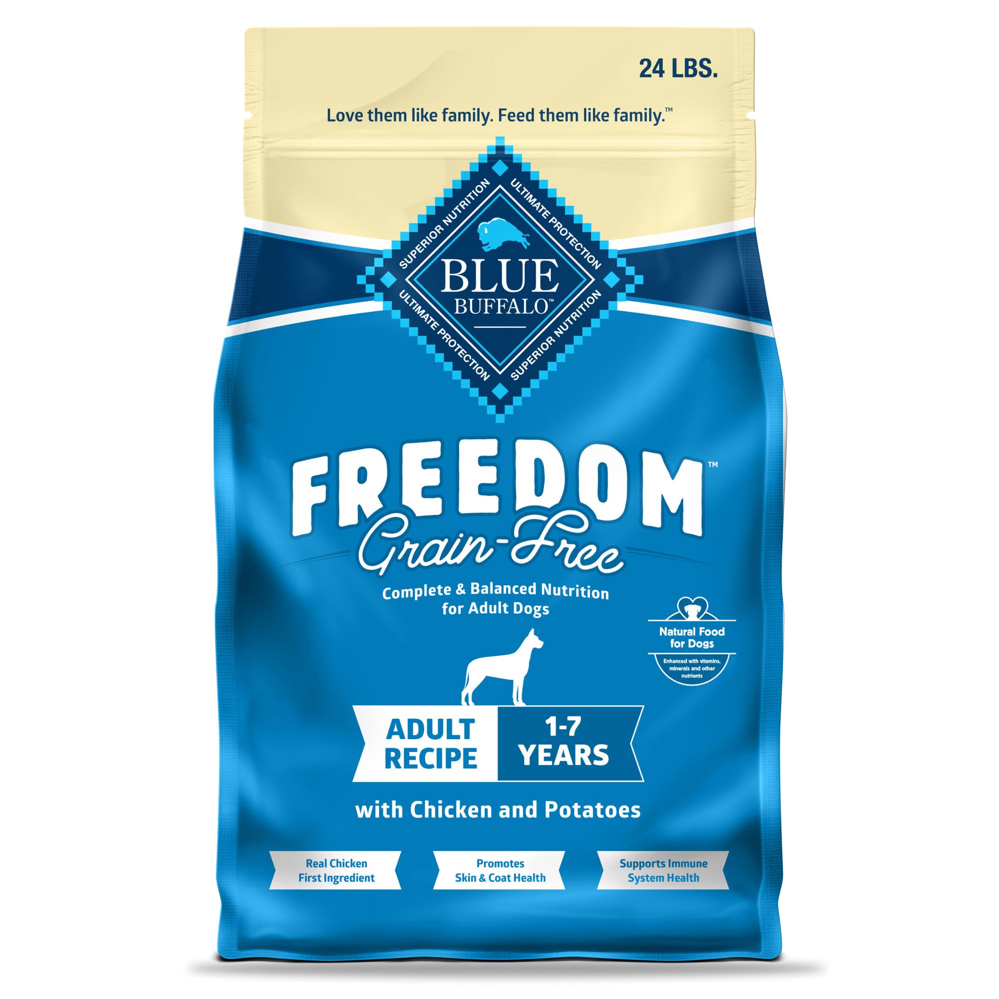 Blue Buffalo Freedom grain-free dry dog food bag close-up with 24-pound packaging for adults