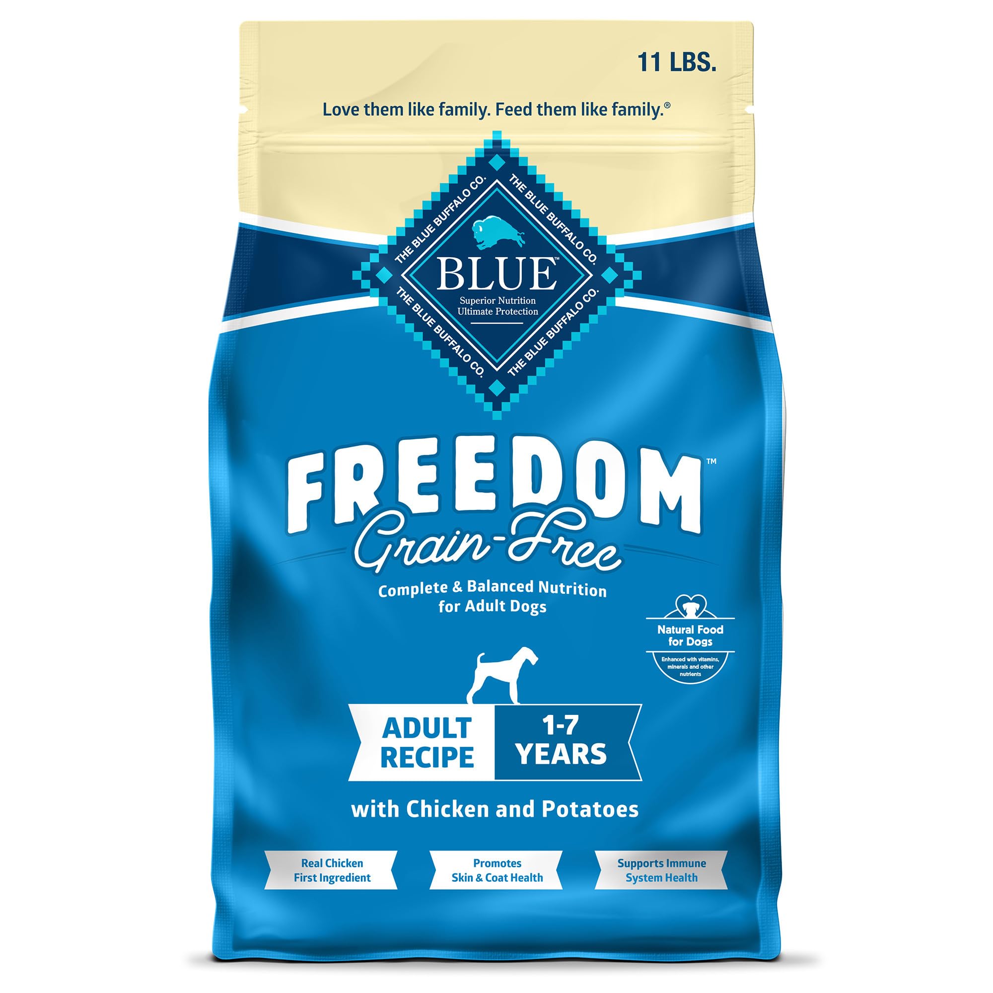 Blue Buffalo Freedom grain-free dry dog food bag front with chicken first ingredient
