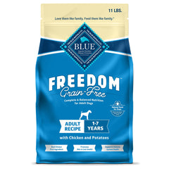 Blue Buffalo Freedom grain-free dry dog food bag front with chicken first ingredient