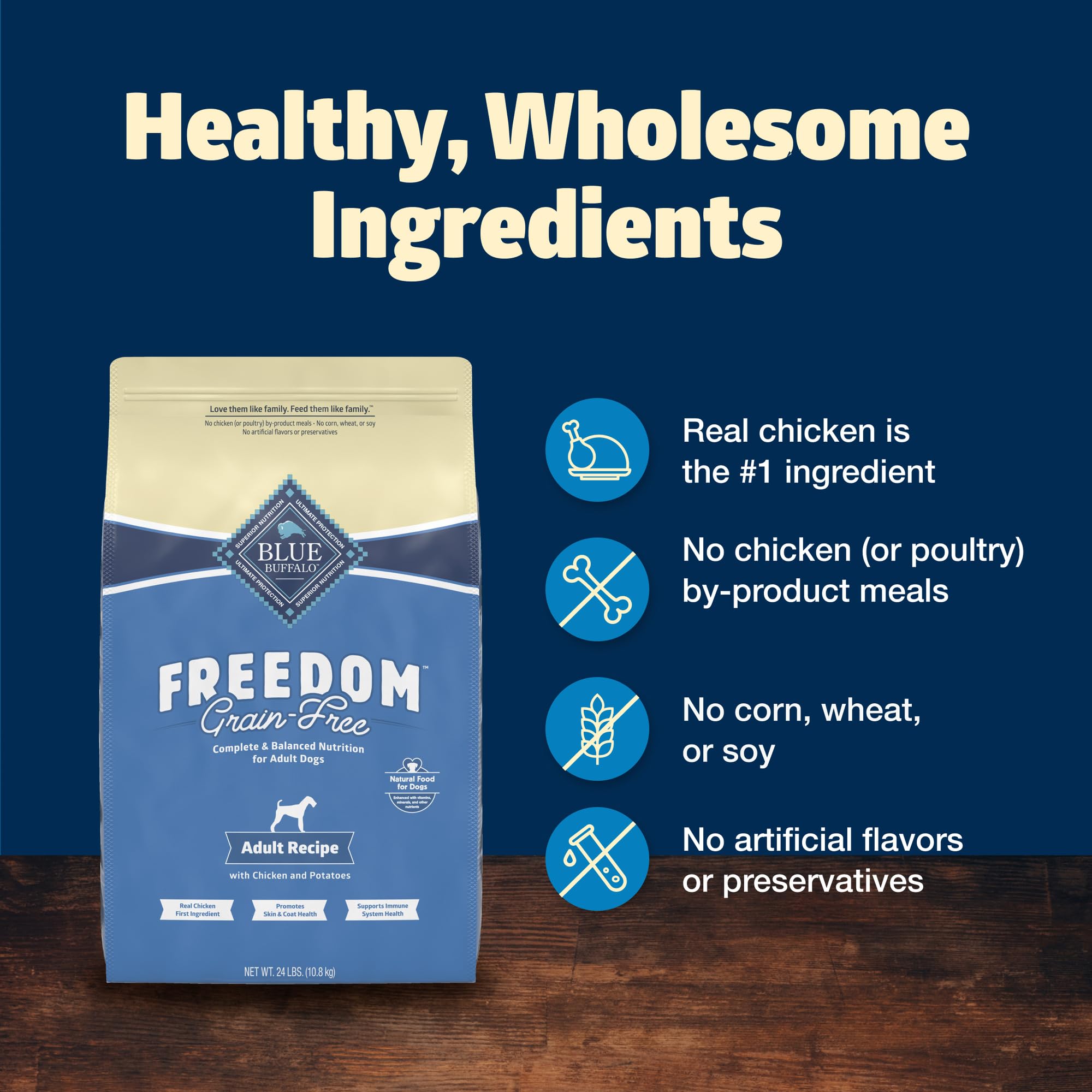 Blue Buffalo Freedom grain-free dry dog food USA-made badge on packaging
