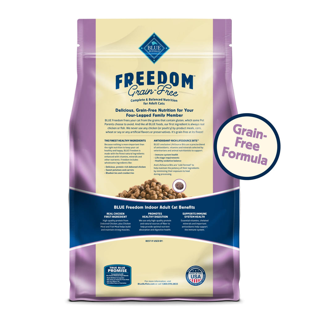 Blue Buffalo Freedom grain-free indoor-cat kibble supports easy digestion.