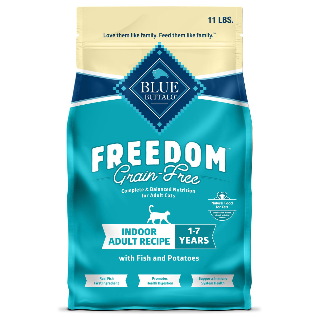 Blue Buffalo Freedom grain-free indoor cat food with whitefish for daily protein.