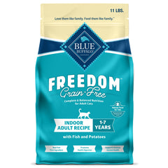 Blue Buffalo Freedom grain-free indoor cat food with whitefish for daily protein.