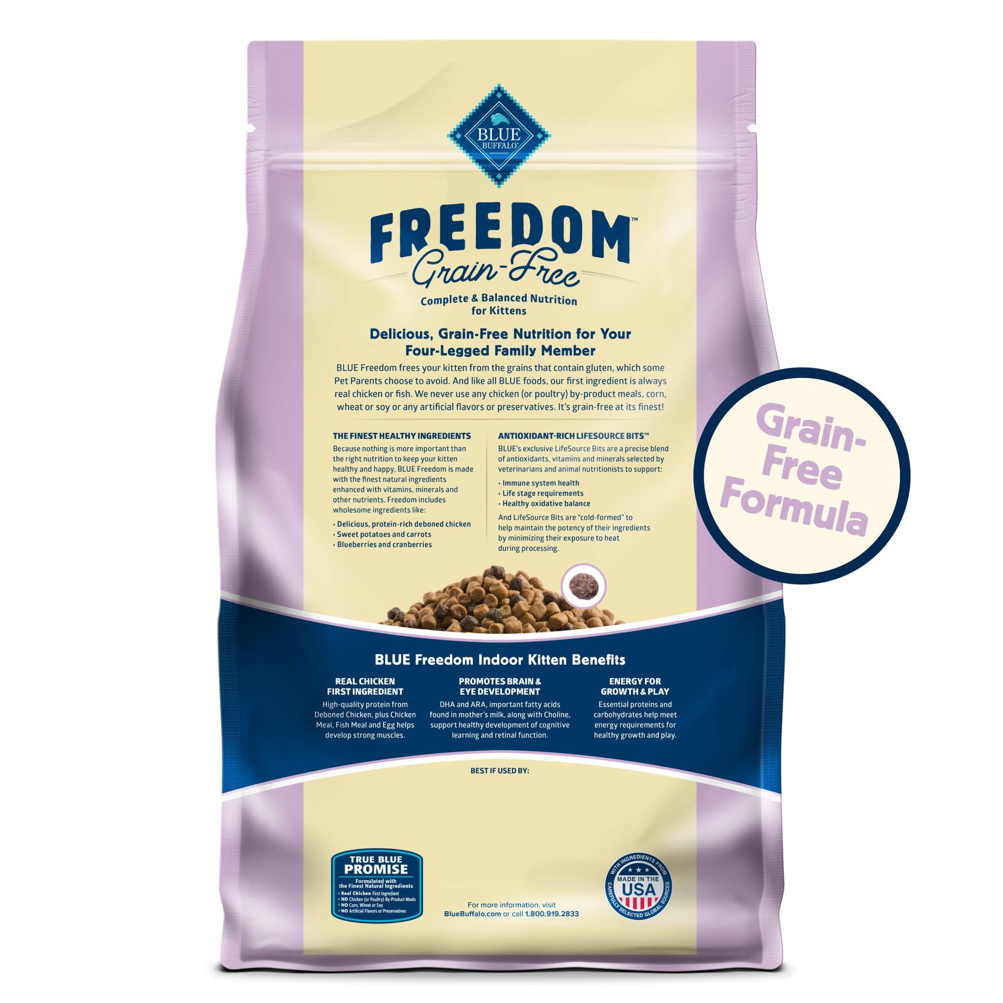 Blue Buffalo Freedom grain-free kitten formula for sensitive stomachs.