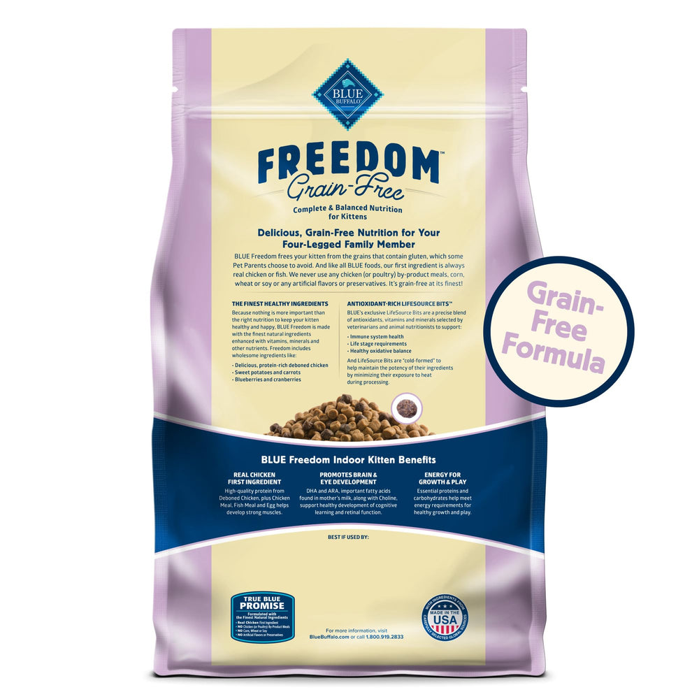 Blue Buffalo Freedom grain-free kitten formula for sensitive stomachs.