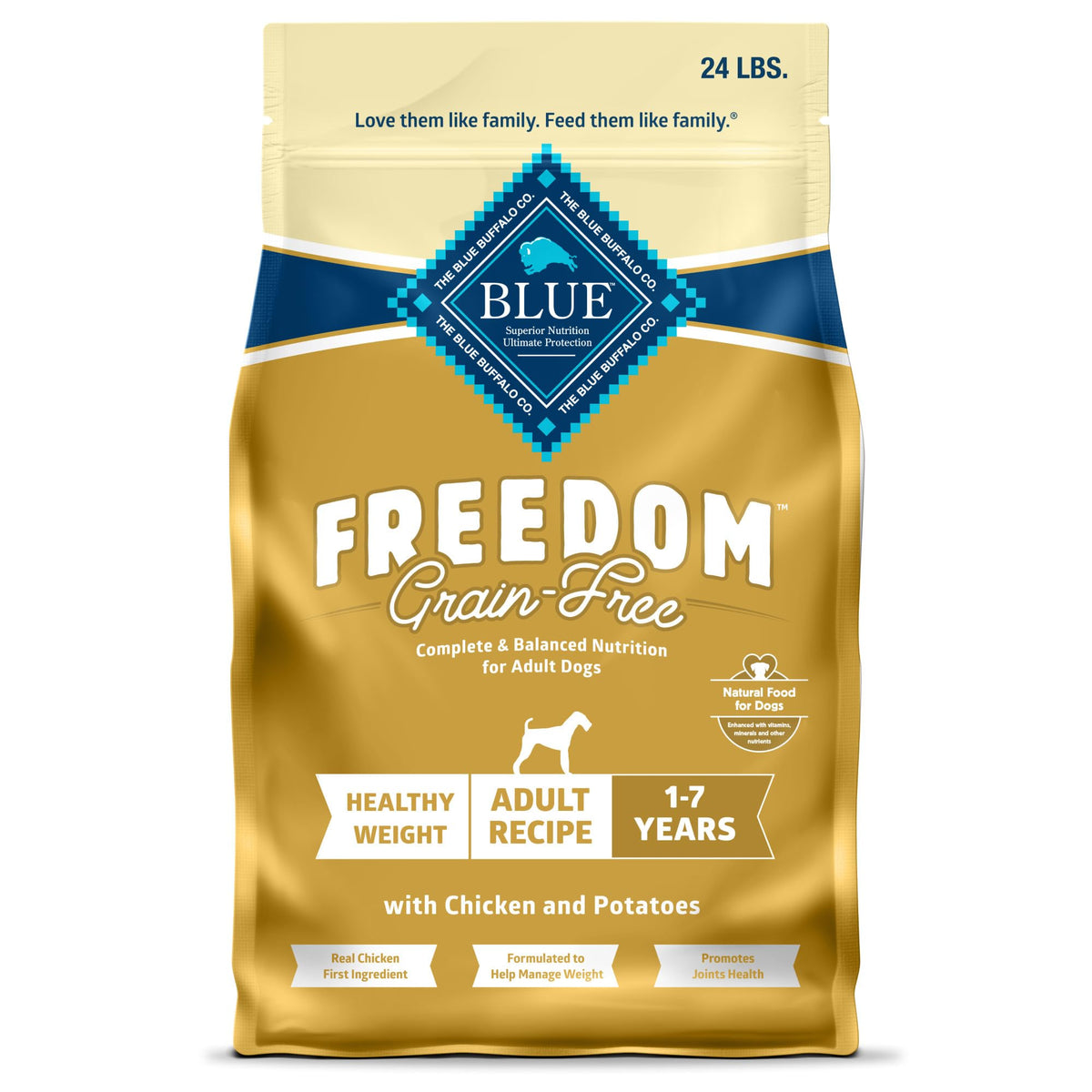 Blue Buffalo Freedom Healthy Weight bag front showing grain-free adult dog formula
