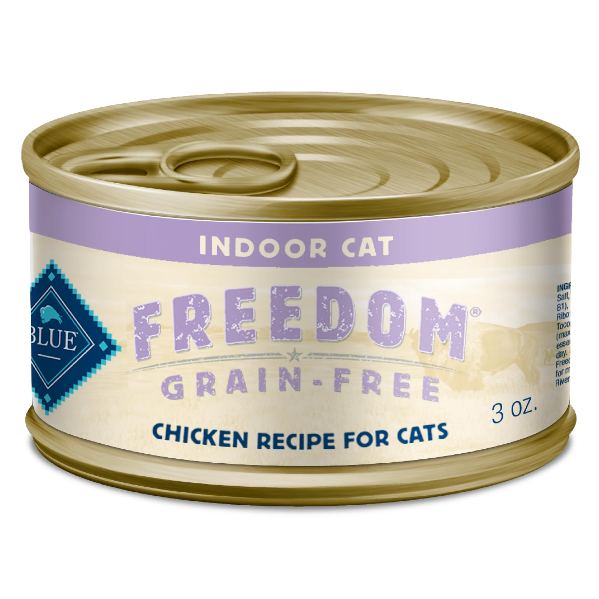 Blue Buffalo Freedom packaging front showing grain-free indoor cat formula for healthy indoor cats