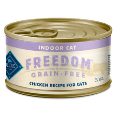 Blue Buffalo Freedom packaging front showing grain-free indoor cat formula for healthy indoor cats