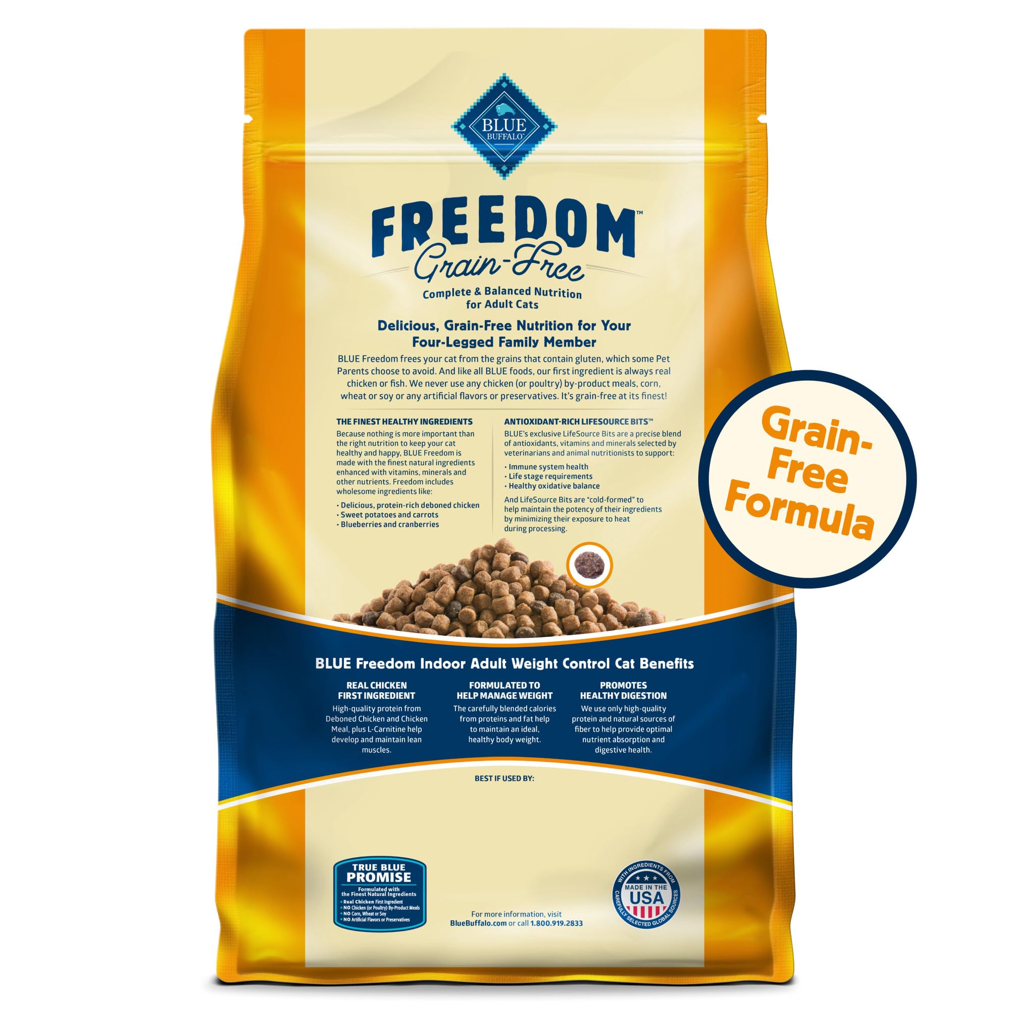 Blue Buffalo Freedom kibble texture close-up emphasizes quality ingredients for weight management.
