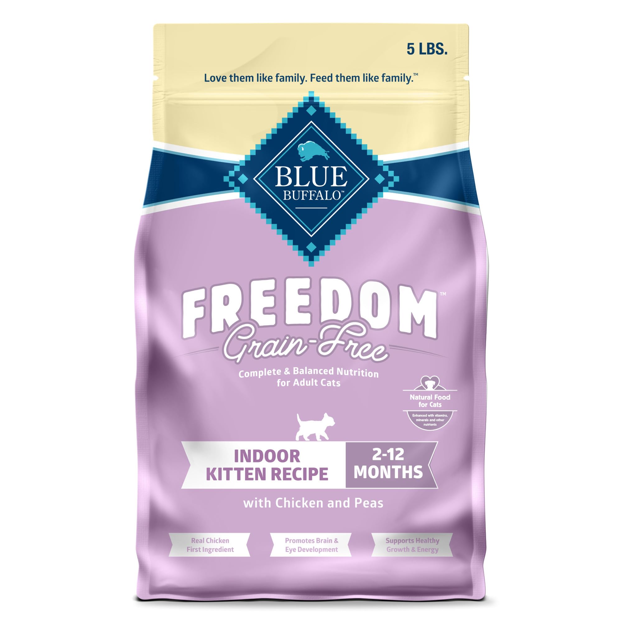 Blue Buffalo Freedom kitten food with real chicken first for balanced nutrition.