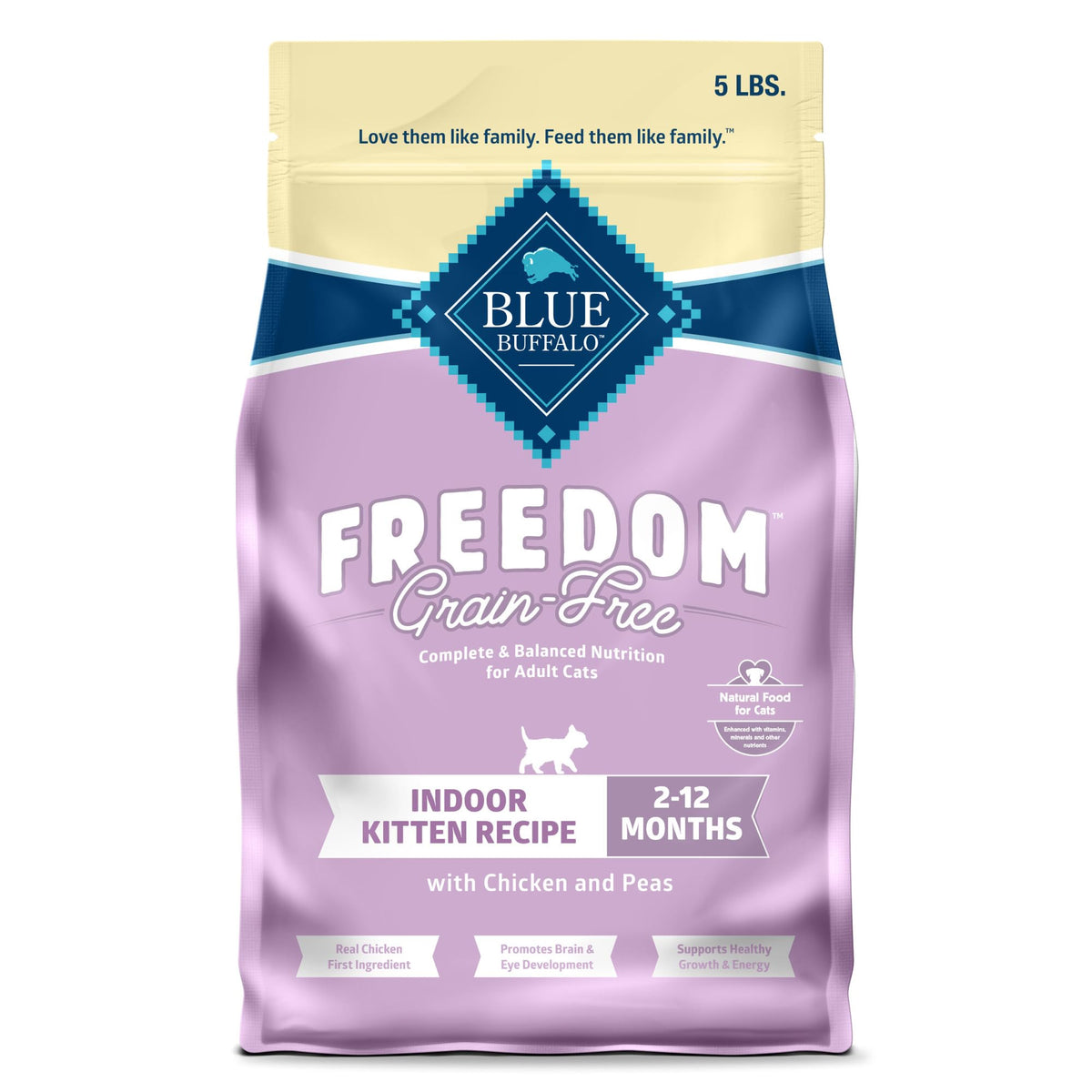 Blue Buffalo Freedom kitten food with real chicken first for balanced nutrition.