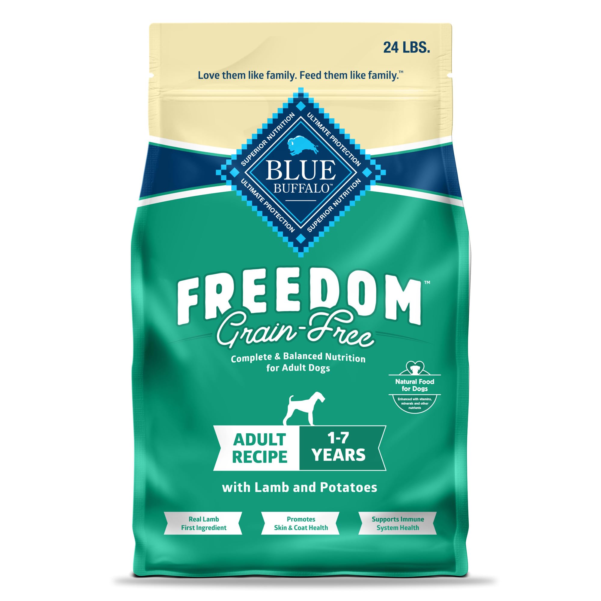 Blue Buffalo Freedom Lamb Grain-Free bag highlighting premium ingredients for adult dogs' coat and digestion