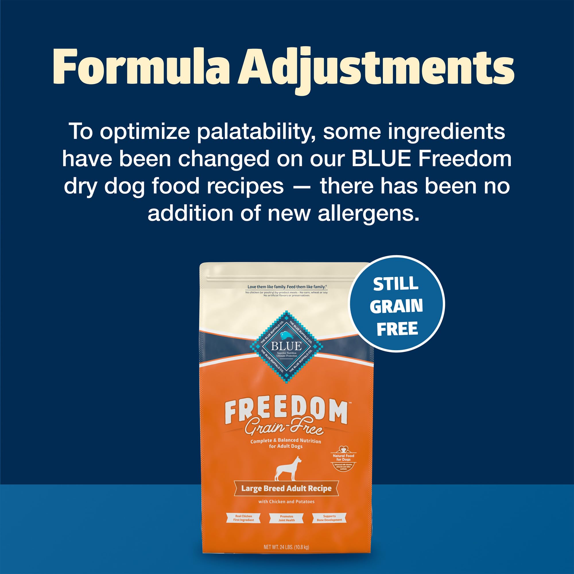 Blue Buffalo Freedom large breed bag back label with ingredients and benefits