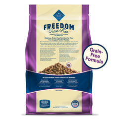 Blue Buffalo Freedom mature cat kibble closeup highlights grain-free texture.