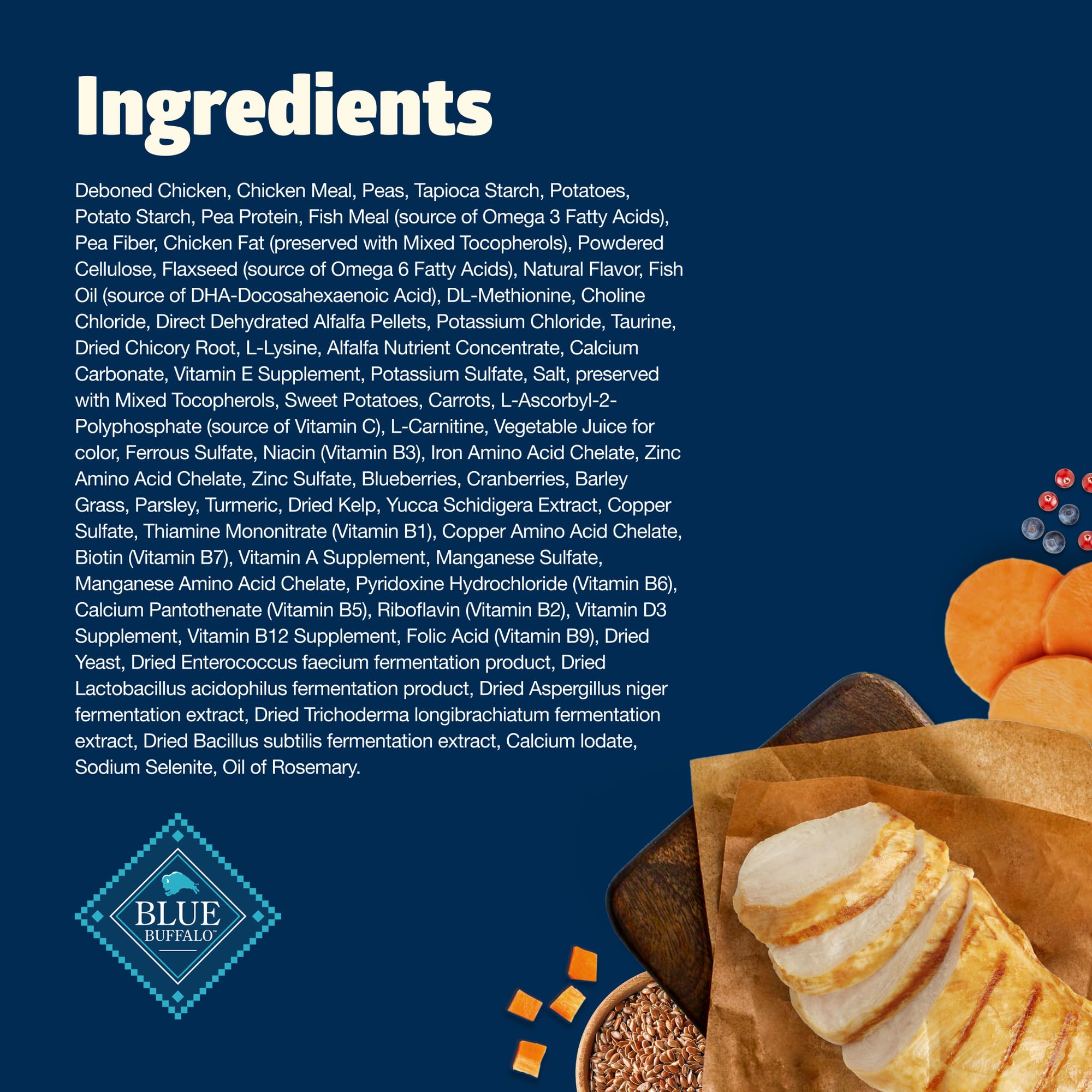 Blue Buffalo packaging design imagery highlights ingredients and benefits for shoppers.