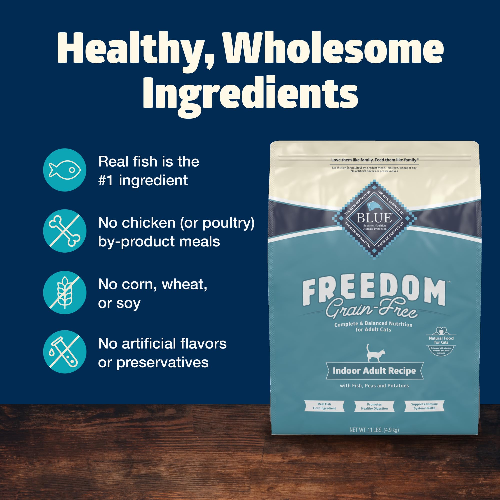 Blue Buffalo Freedom natural ingredients include carrots, sweet potatoes, peas, and berries.