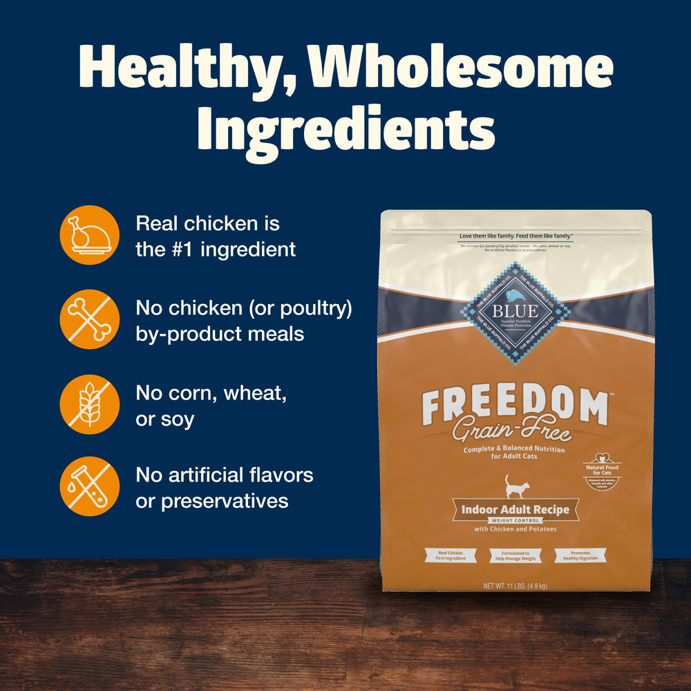 Blue Buffalo Freedom packaging label close-up shows product details and benefits.