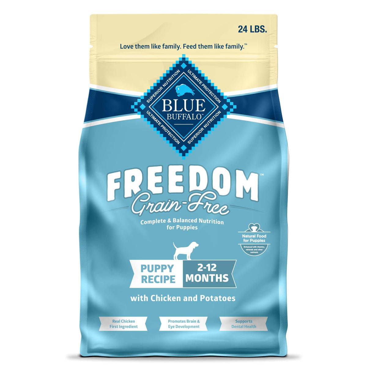 Blue Buffalo Freedom puppy food front bag showing grain-free formula for puppies.