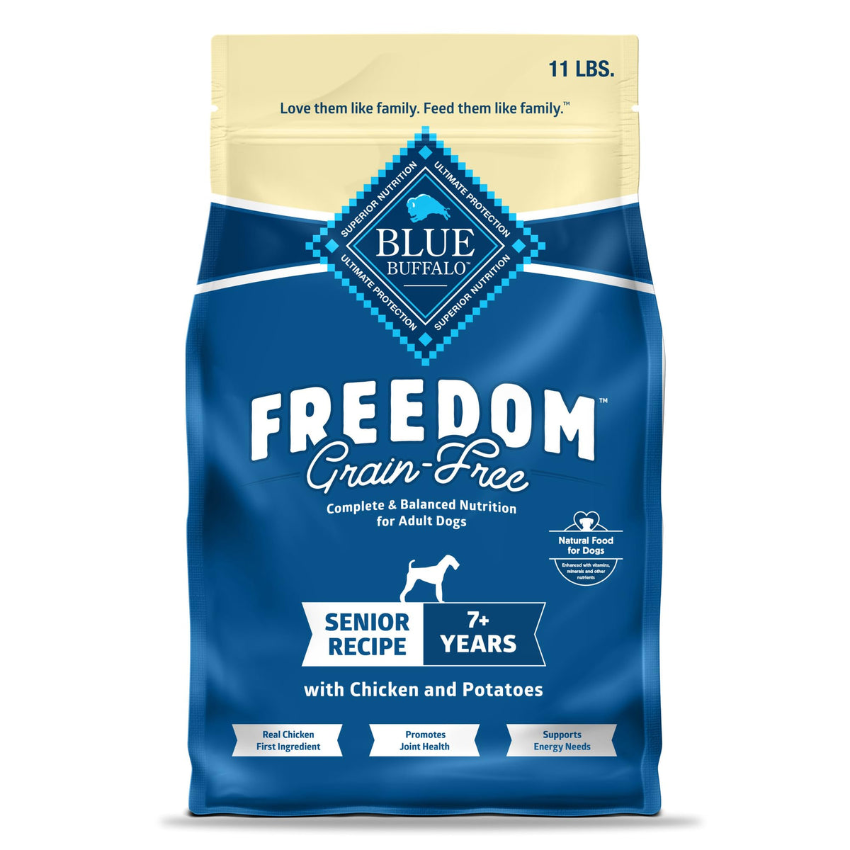 Blue Buffalo Freedom senior dry dog food bowl with kibble for active aging dogs