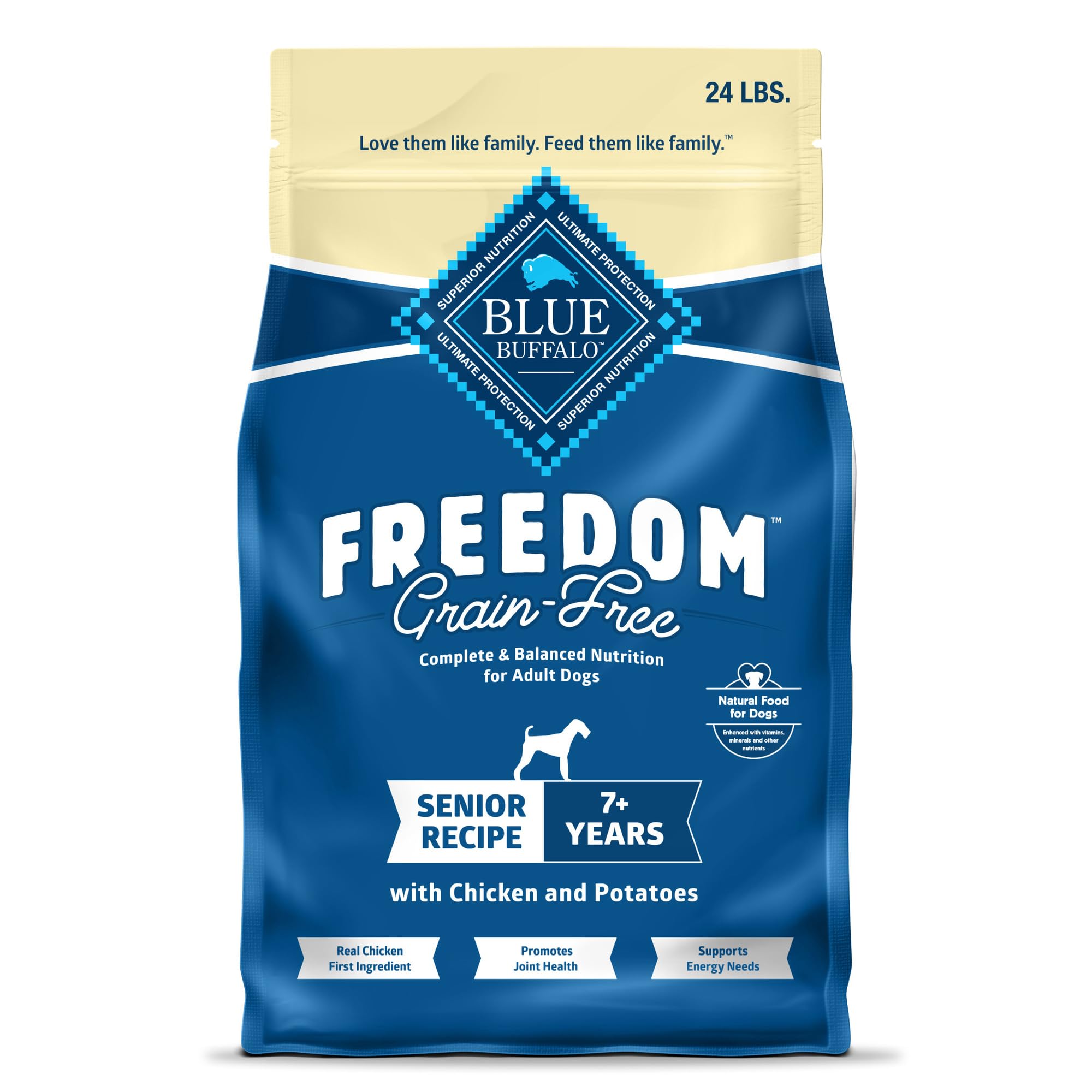Blue Buffalo Freedom Senior dry dog food with real chicken first ingredient for taste and protein