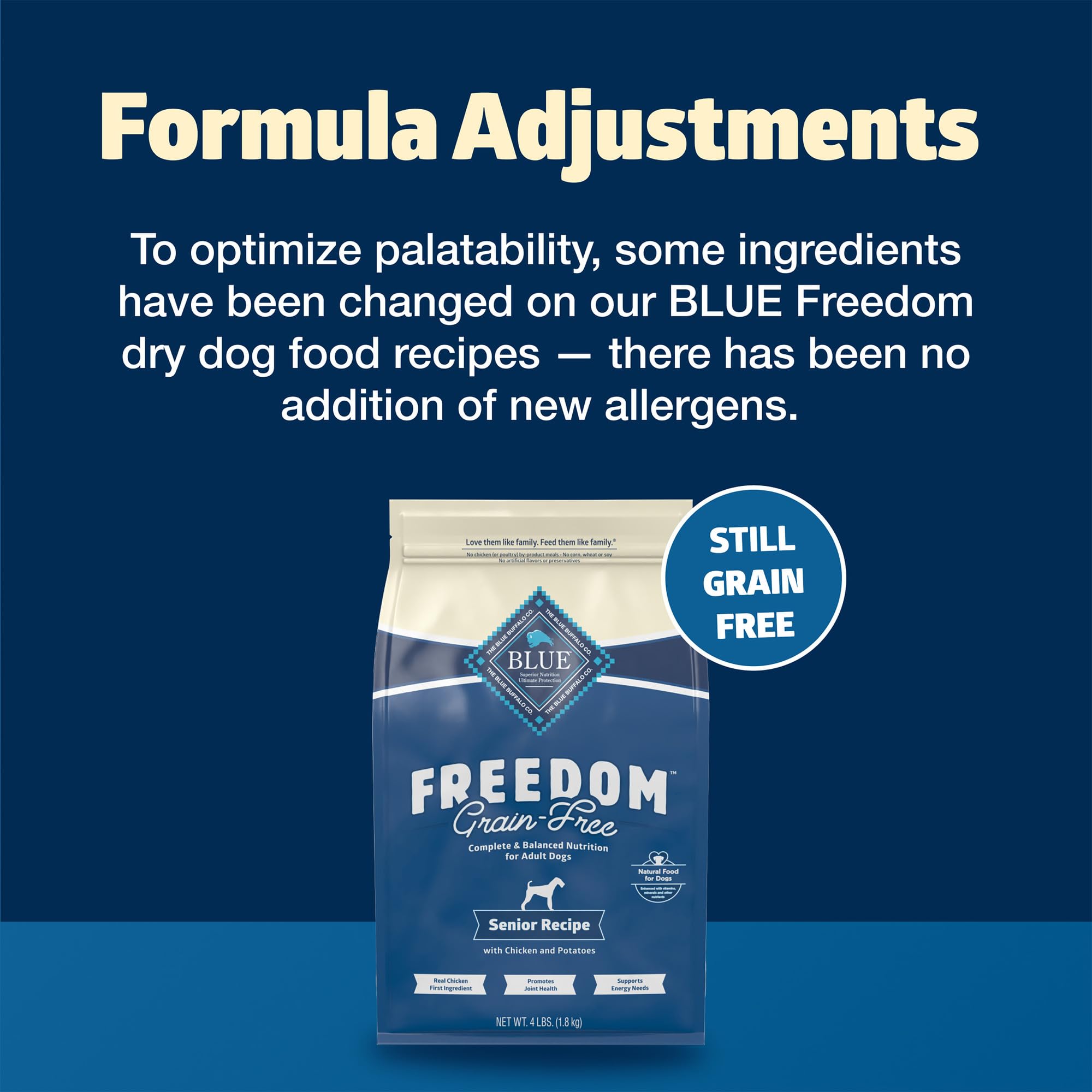 Blue Buffalo Freedom senior dry dog food kibble closeup highlighting crunchy texture