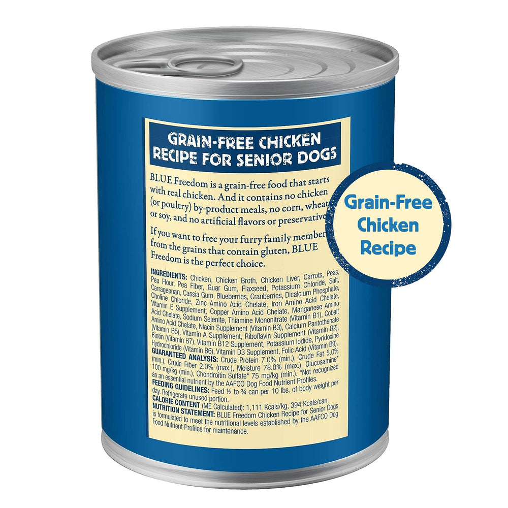 Blue Buffalo Freedom grain-free senior formula highlights ingredients for sensitive stomachs.