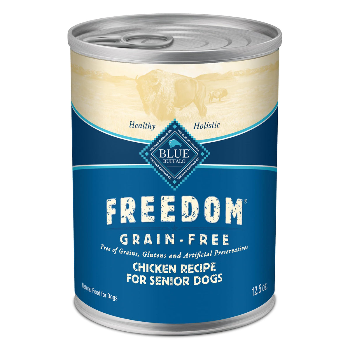 Blue Buffalo Freedom Senior wet dog food with real chicken first ingredient boosts taste and protein.