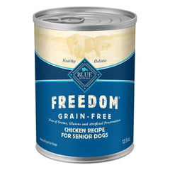 Blue Buffalo Freedom Senior wet dog food with real chicken first ingredient boosts taste and protein.