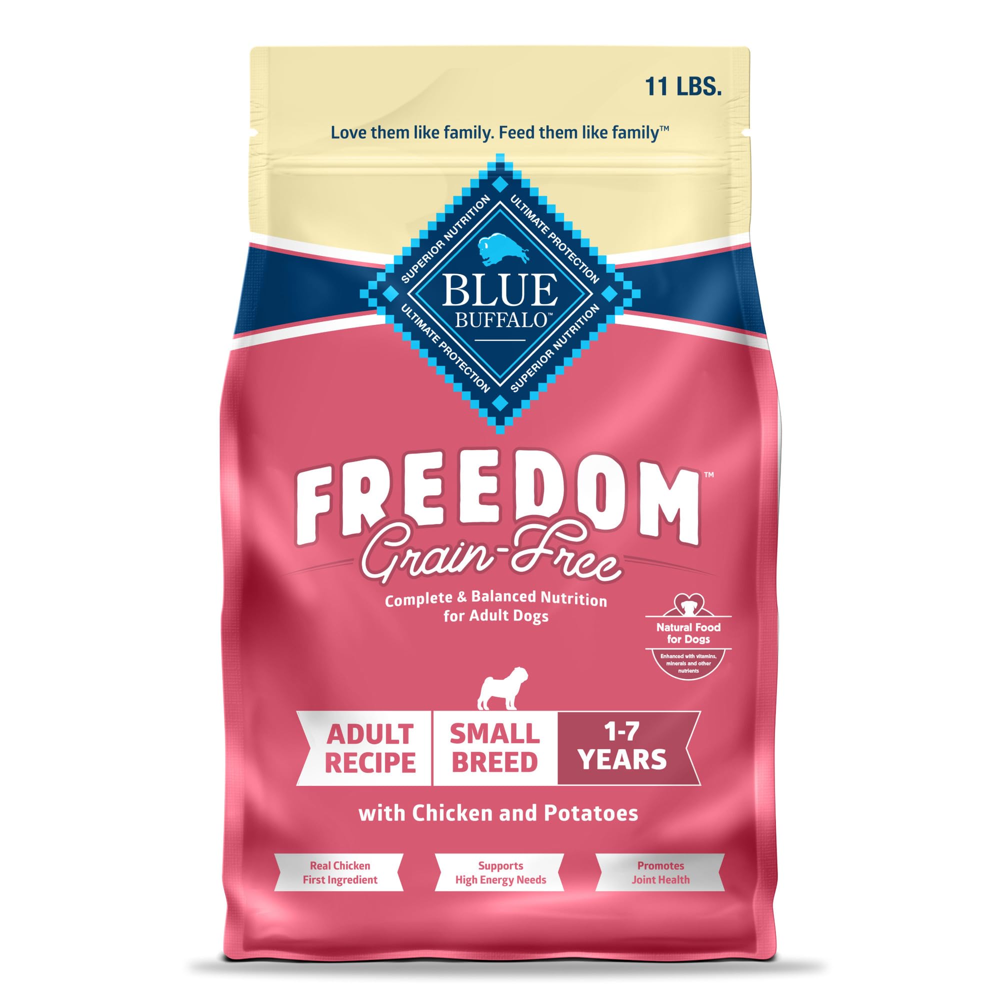 Blue Buffalo Freedom Small Breed Chicken bag highlights real chicken first