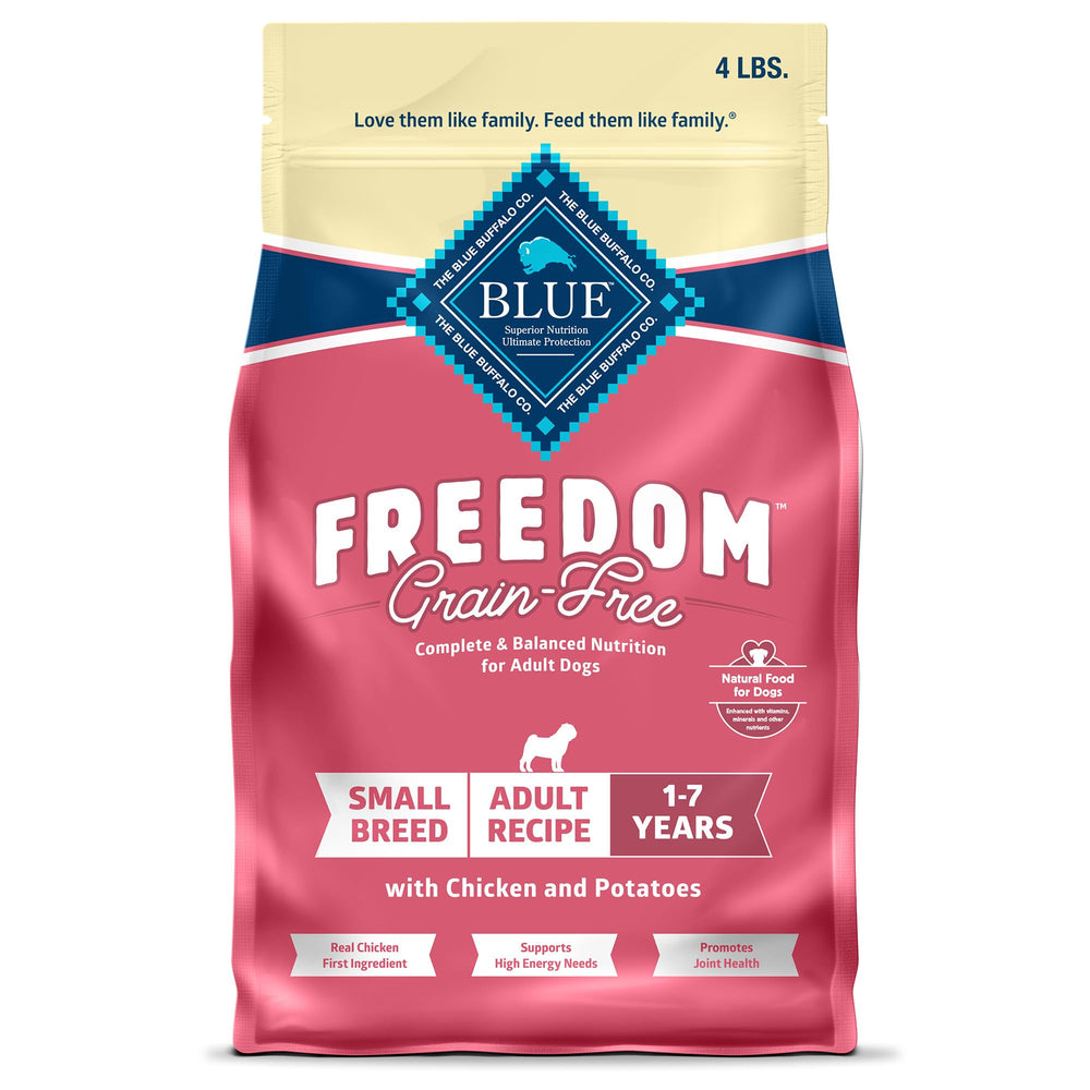 Blue Buffalo Freedom small breed dry food bag front showing real chicken ingredients for energy.