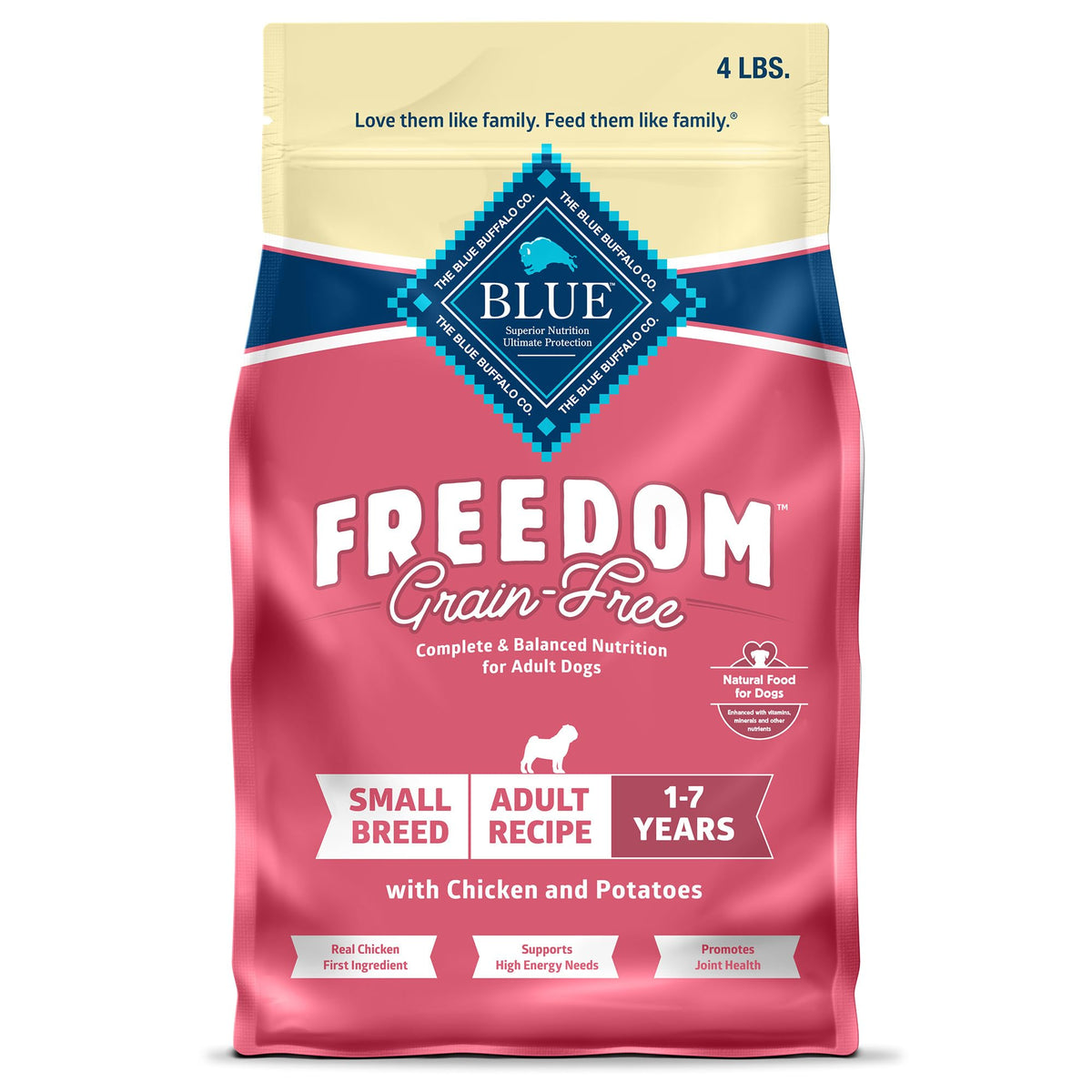 Blue Buffalo Freedom small breed dry food bag front showing real chicken ingredients for energy.