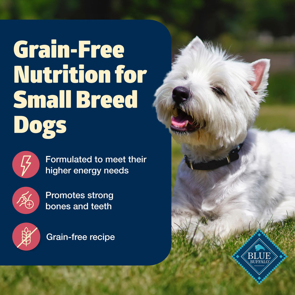 Blue Buffalo Freedom small breed bag open reveals natural ingredients for easier serving.