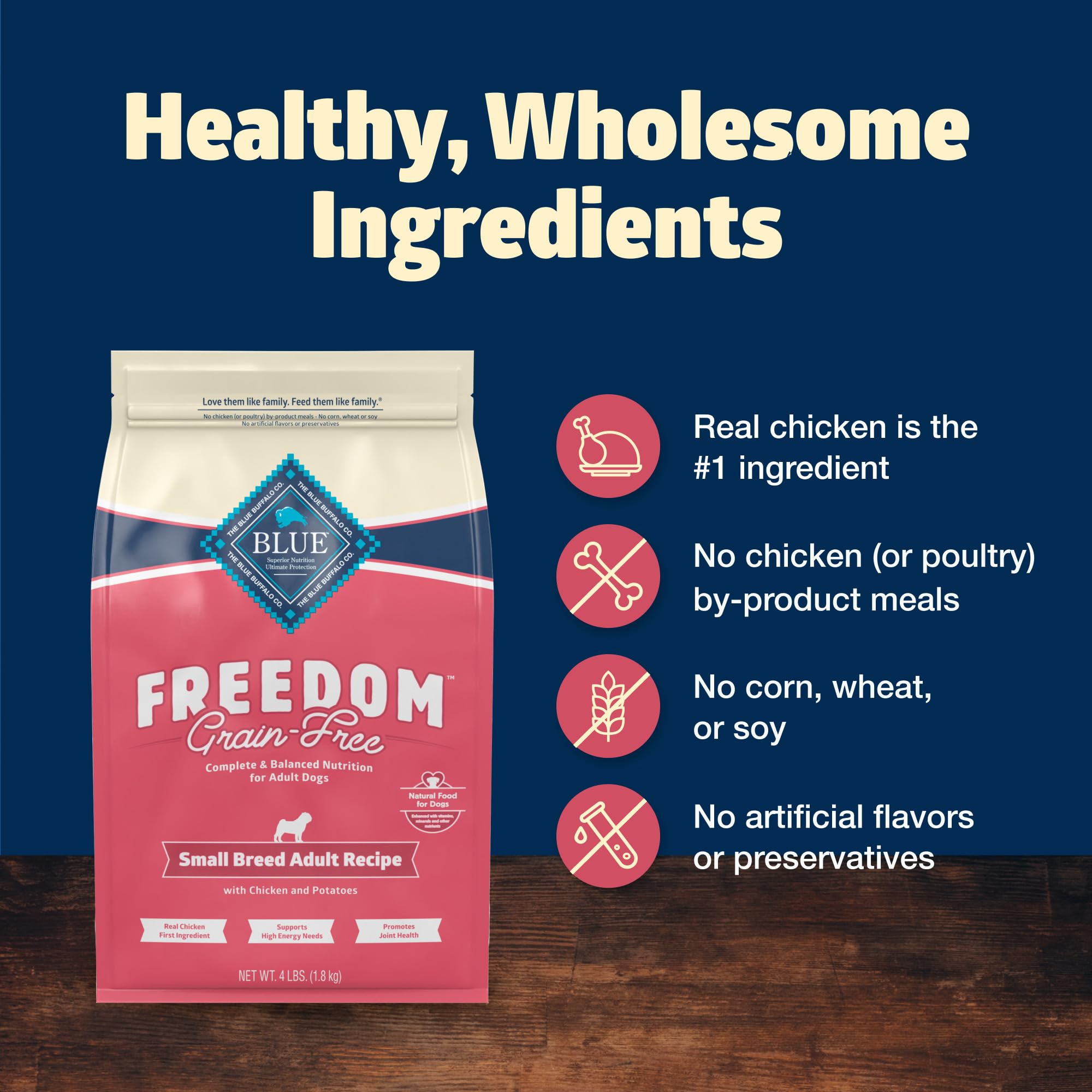 Blue Buffalo Freedom packaging highlights USA-made promise and natural ingredients.