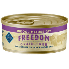 Blue Buffalo Freedom grain-free wet cat food can close-up highlighting grain-free formula